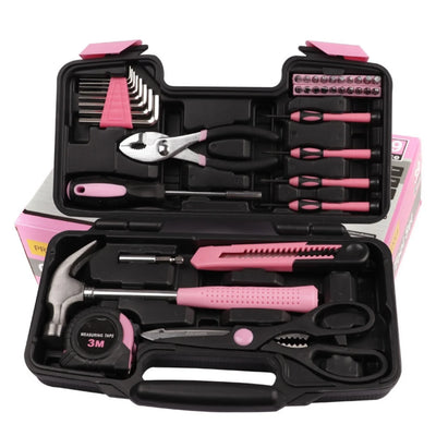 39 Piece Tool Set,Tool Kit Set,Home Hand Tool Kit for Home Repair and DIY Pink